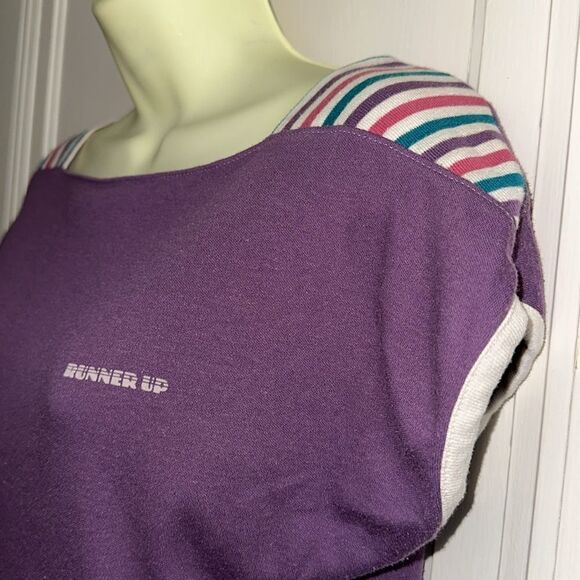 Vtg 70s/80s Purple Runner Up By Argo with Multi Color Striped Shoulders Knit Top - Picture 5 of 8